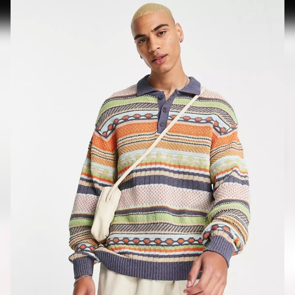 ASOS Other - ASOS Oversized Knit Polo Sweater Long Sleeve Bold Print Size Large